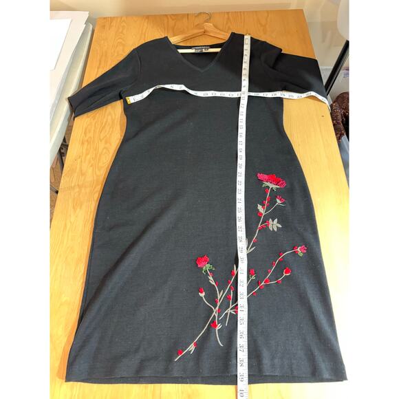 VTG Carole Little Sweater Dress XL Black Floral Embroidery Romantic Wool 90s - Picture 7 of 8